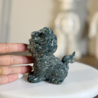Moss Agate Fu Dog carving