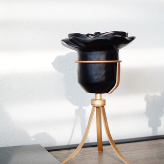 Large Black Obsidian Rose Carving on Spinning Metal Stand