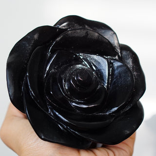 Large Black Obsidian Rose Carving on Spinning Metal Stand