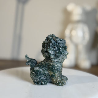 Moss Agate Fu Dog carving
