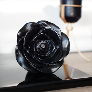 Large Black Obsidian Rose Carving on Spinning Metal Stand