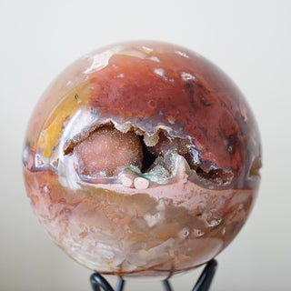 Rare Redish Plume Agate sphere with sparkly druzy