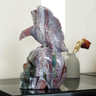 Large Ocean Jasper skull with Eagle carving