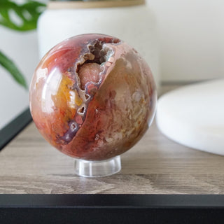 Rare Redish Plume Agate sphere with sparkly druzy