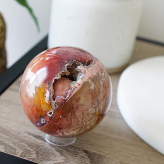 Rare Redish Plume Agate sphere with sparkly druzy