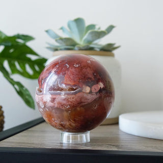 Rare Redish Plume Agate sphere with sparkly druzy