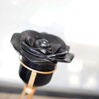 Large Black Obsidian Rose Carving on Spinning Metal Stand