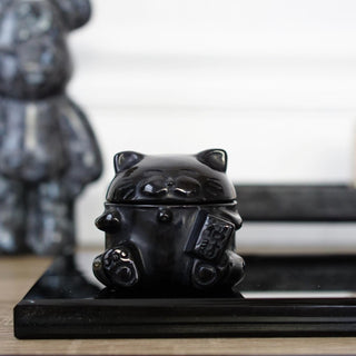 Black Obsidian Lucky Cat Cup with Lid