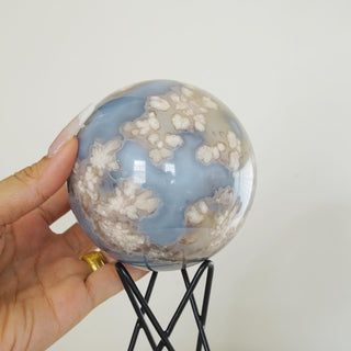High quality 92 mm Blue Flower Agate sphere with small dendritic inclusion